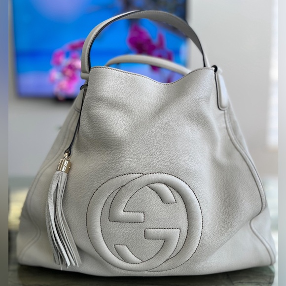 💯 Authentic Gucci Large Soho Tote Ivory Pebbled Leather GHW Tassel EUC Full Set - Picture 2 of 9